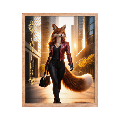 Framed Aries fox woman zodiac poster walking through a modern city at sunset