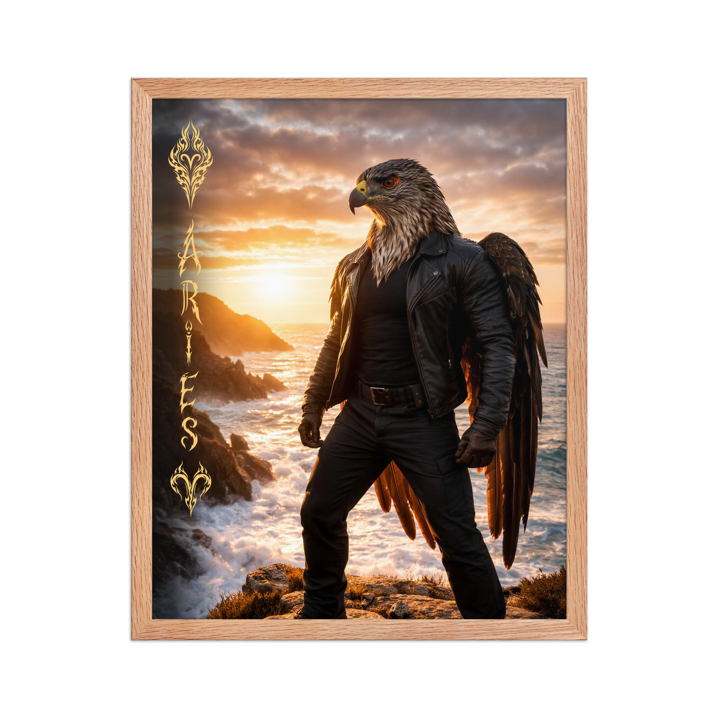 Framed Aries man poster featuring a powerful eagle figure standing above ocean cliffs at sunset, symbolizing strength, courage, and leadership.