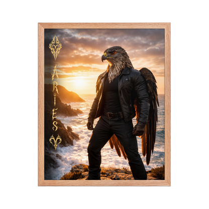 Framed Aries man poster featuring a powerful eagle figure standing above ocean cliffs at sunset, symbolizing strength, courage, and leadership.