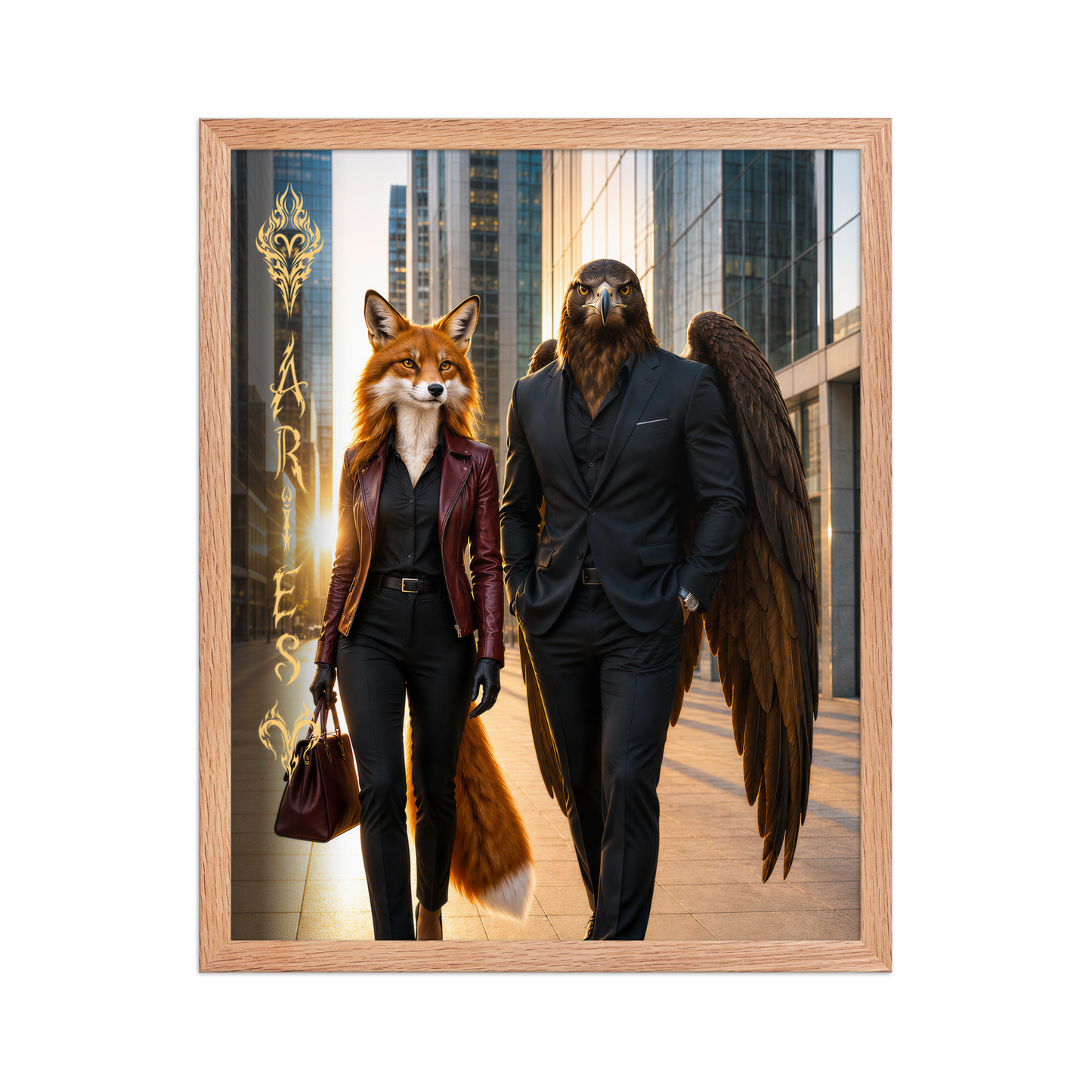 Framed Aries power couple poster featuring eagle and fox archetypes walking through a modern city, symbolizing strength, ambition, and partnership.