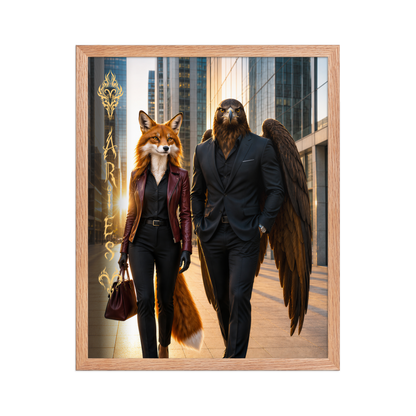 Framed Aries power couple poster featuring eagle and fox archetypes walking through a modern city, symbolizing strength, ambition, and partnership.