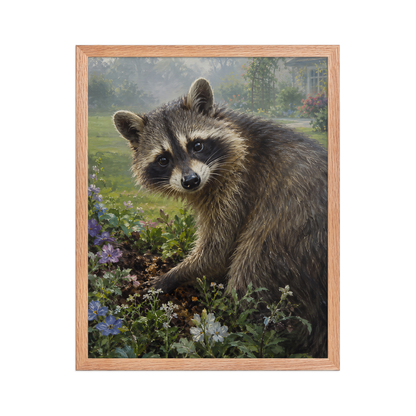 Garden Raccoon Curiosity Framed Poster
