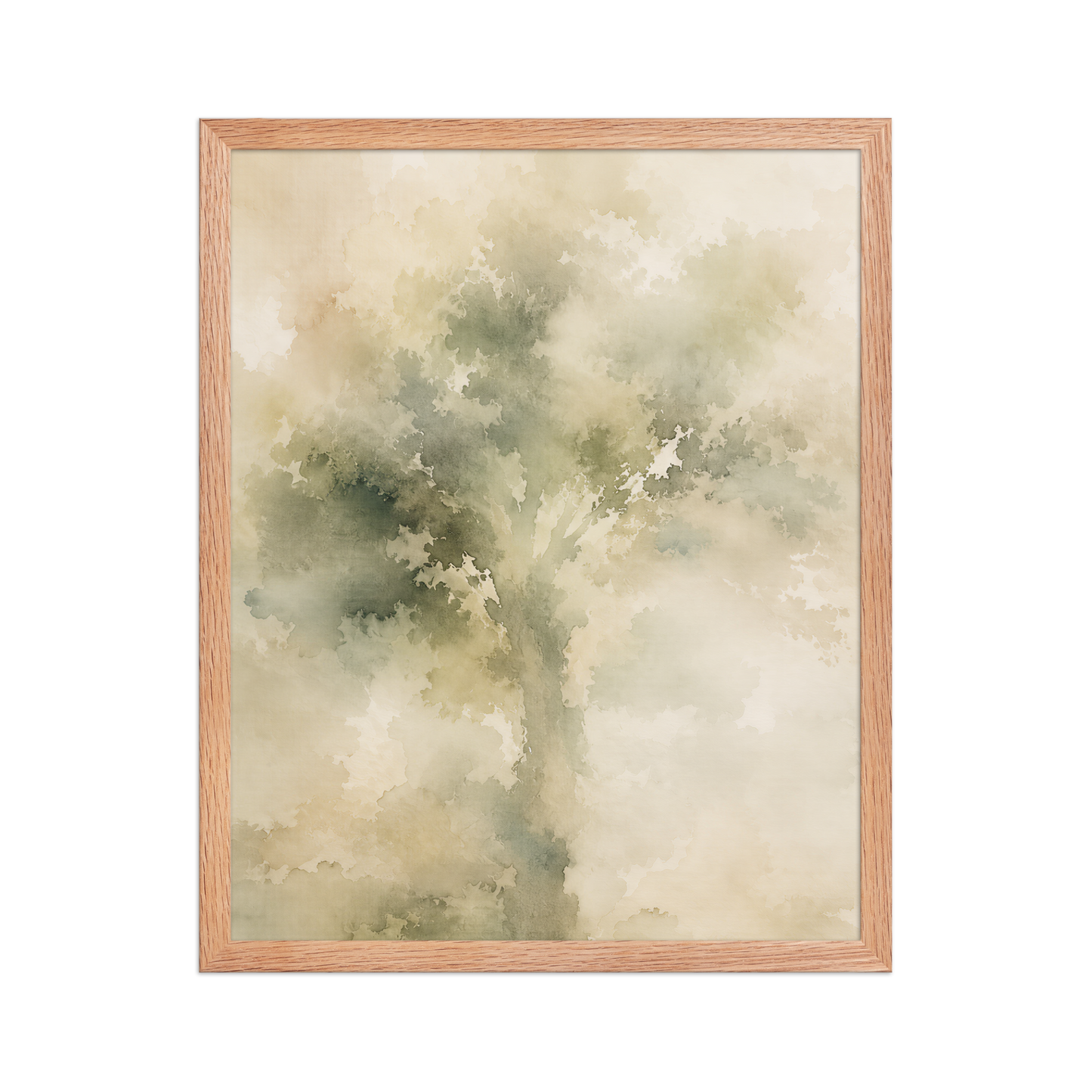 Framed minimalist nature poster featuring a softly emerging tree form in muted green and warm neutral tones.