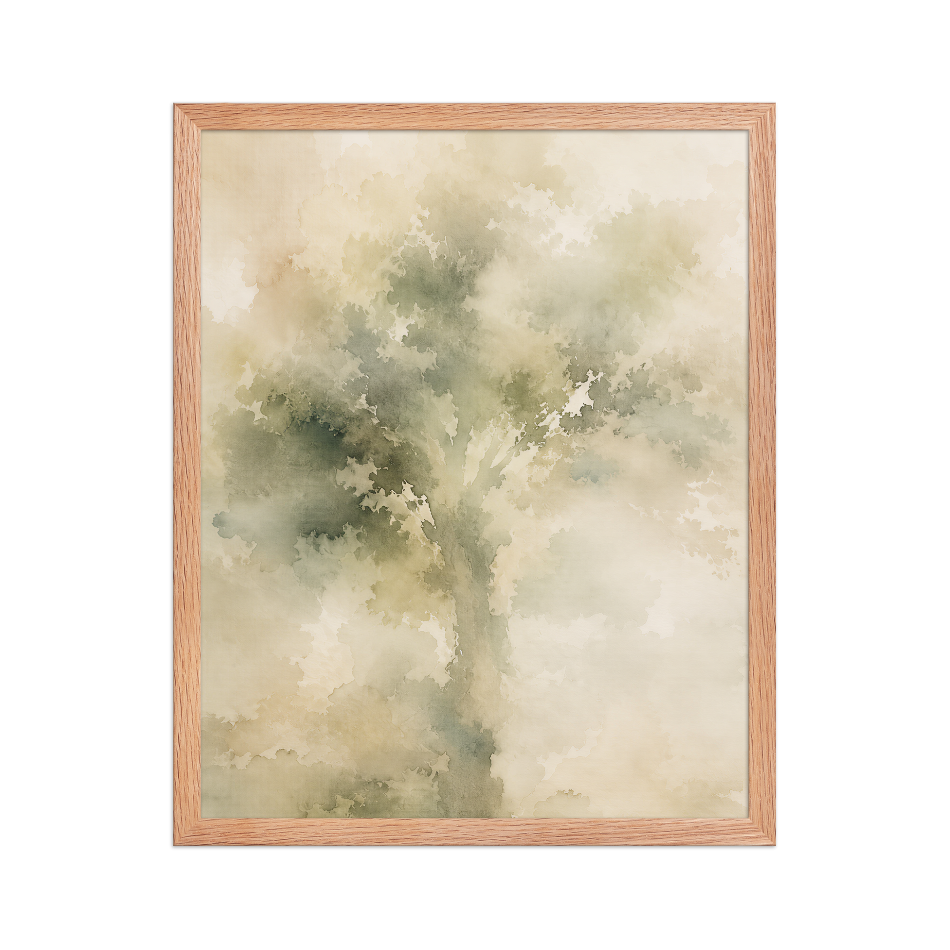 Framed minimalist nature poster featuring a softly emerging tree form in muted green and warm neutral tones.