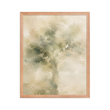 Framed minimalist nature poster featuring a softly emerging tree form in muted green and warm neutral tones.
