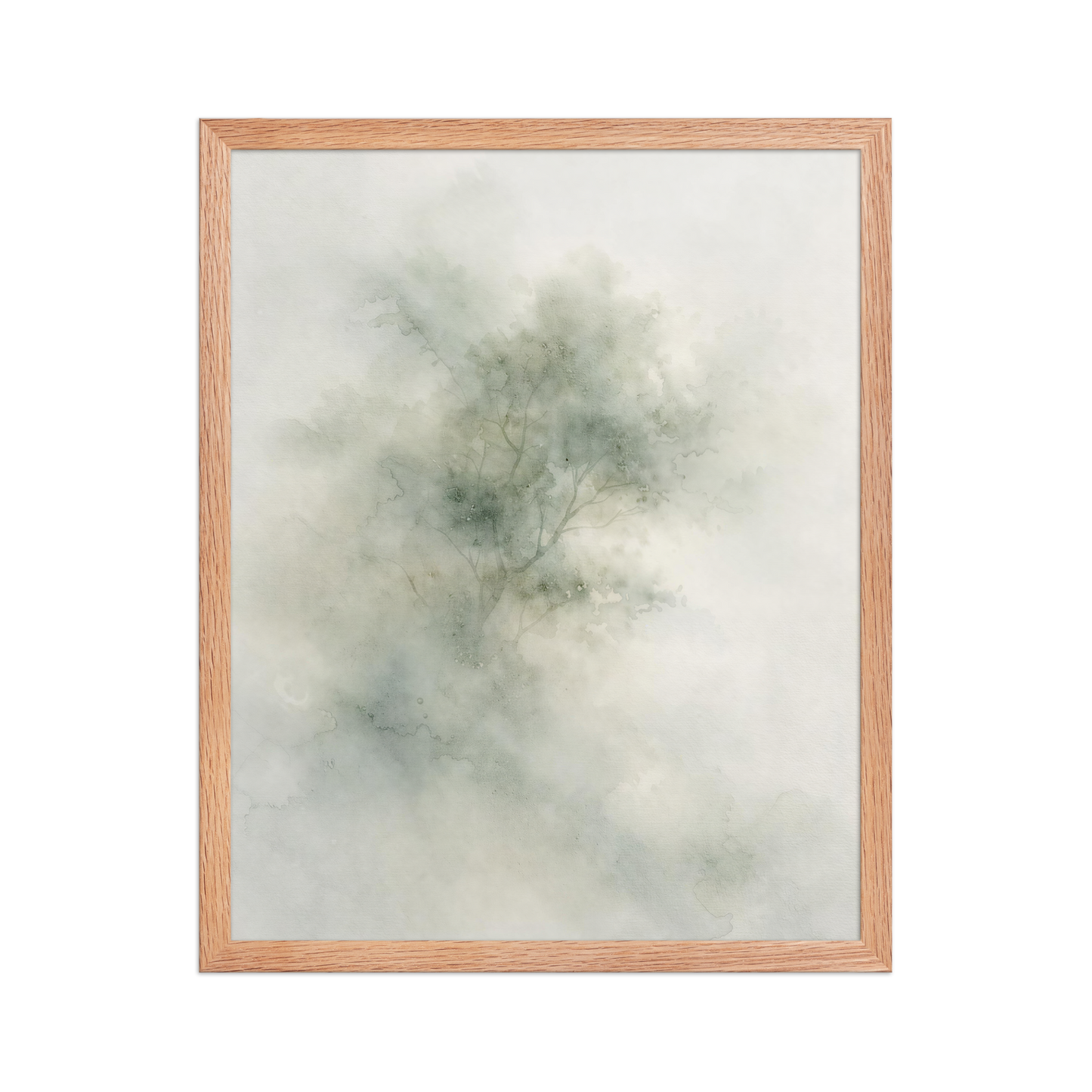 Framed minimalist watercolor-inspired artwork with a softly emerging tree form and subtle neutral tones.