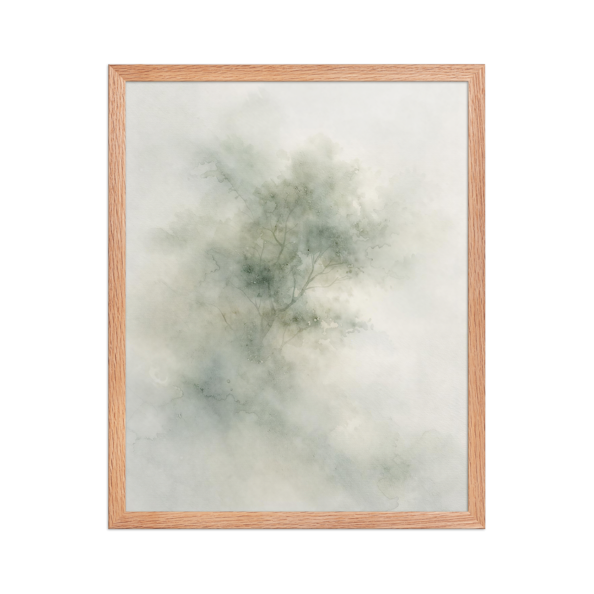 Framed minimalist watercolor-inspired artwork with a softly emerging tree form and subtle neutral tones.
