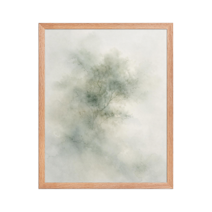 Framed minimalist watercolor-inspired artwork with a softly emerging tree form and subtle neutral tones.