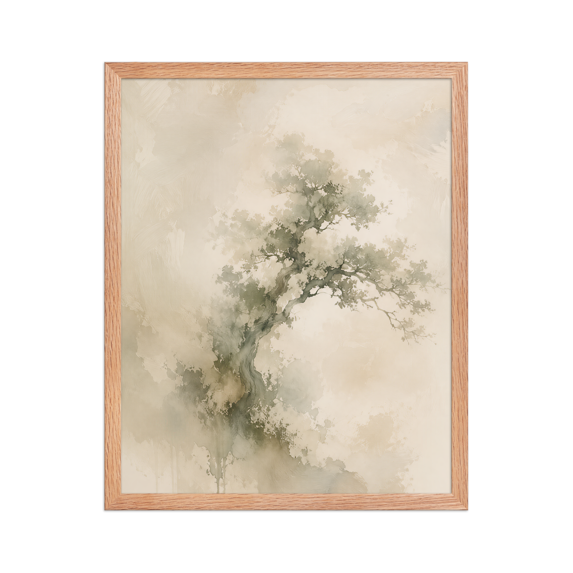 Framed minimalist nature-inspired poster featuring an emerging tree form in soft earthy neutral tones.
