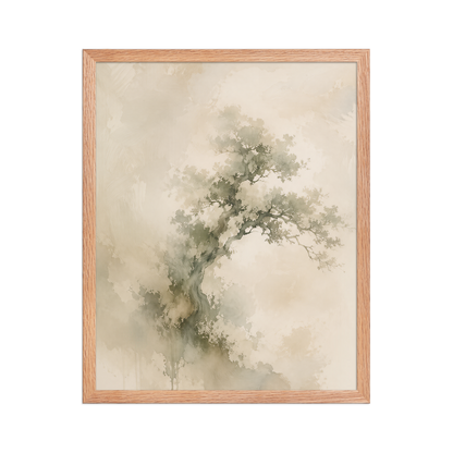 Framed minimalist nature-inspired poster featuring an emerging tree form in soft earthy neutral tones.