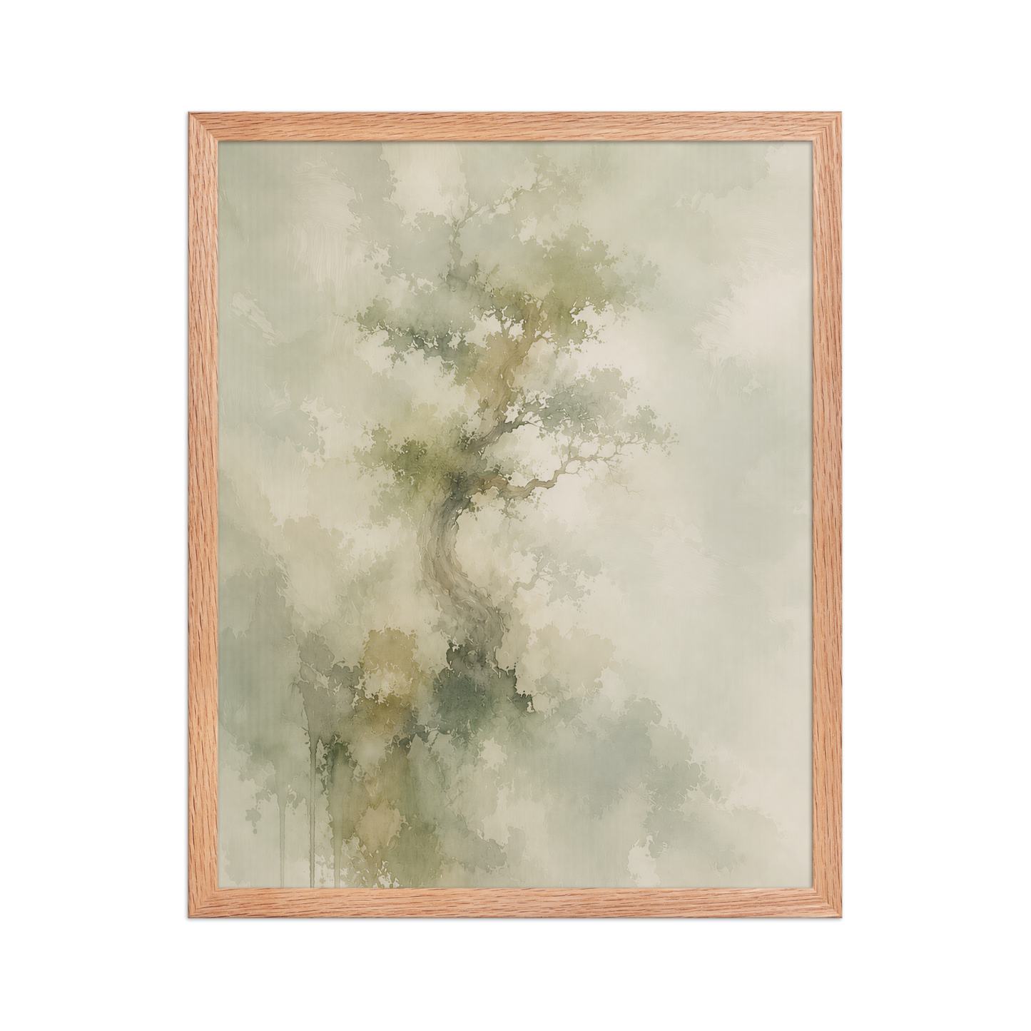 Framed minimalist nature-inspired poster featuring a softly emerging tree form in muted neutral tones and organic watercolor textures.