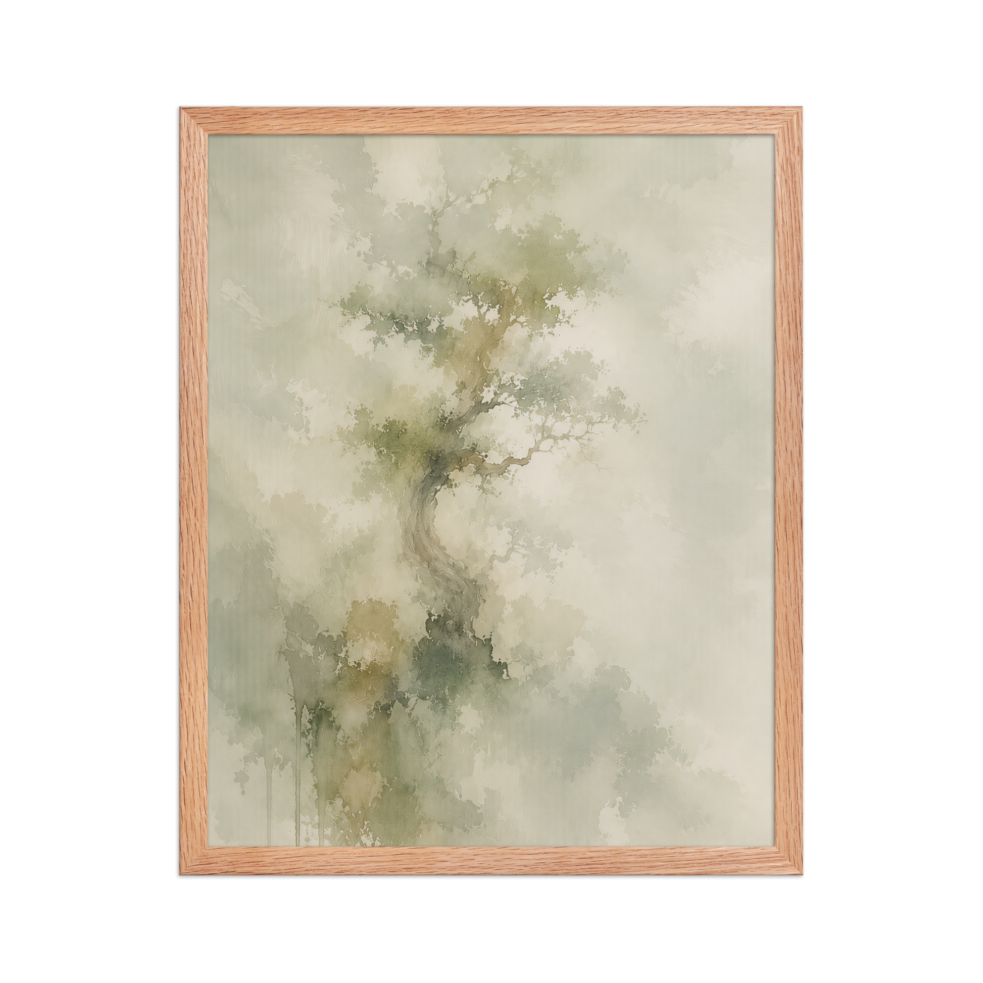 Framed minimalist nature-inspired poster featuring a softly emerging tree form in muted neutral tones and organic watercolor textures.