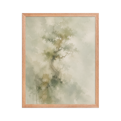 Framed minimalist nature-inspired poster featuring a softly emerging tree form in muted neutral tones and organic watercolor textures.
