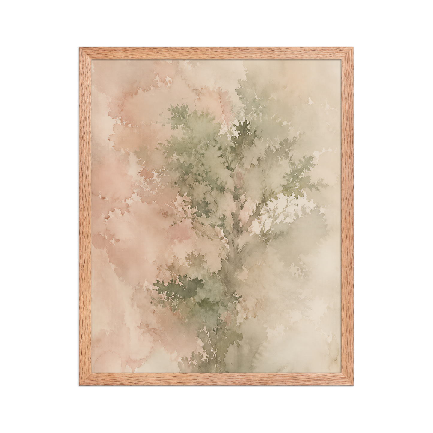 Framed minimalist nature-inspired poster featuring a softly emerging tree form in blush, sage, and warm neutral tones.