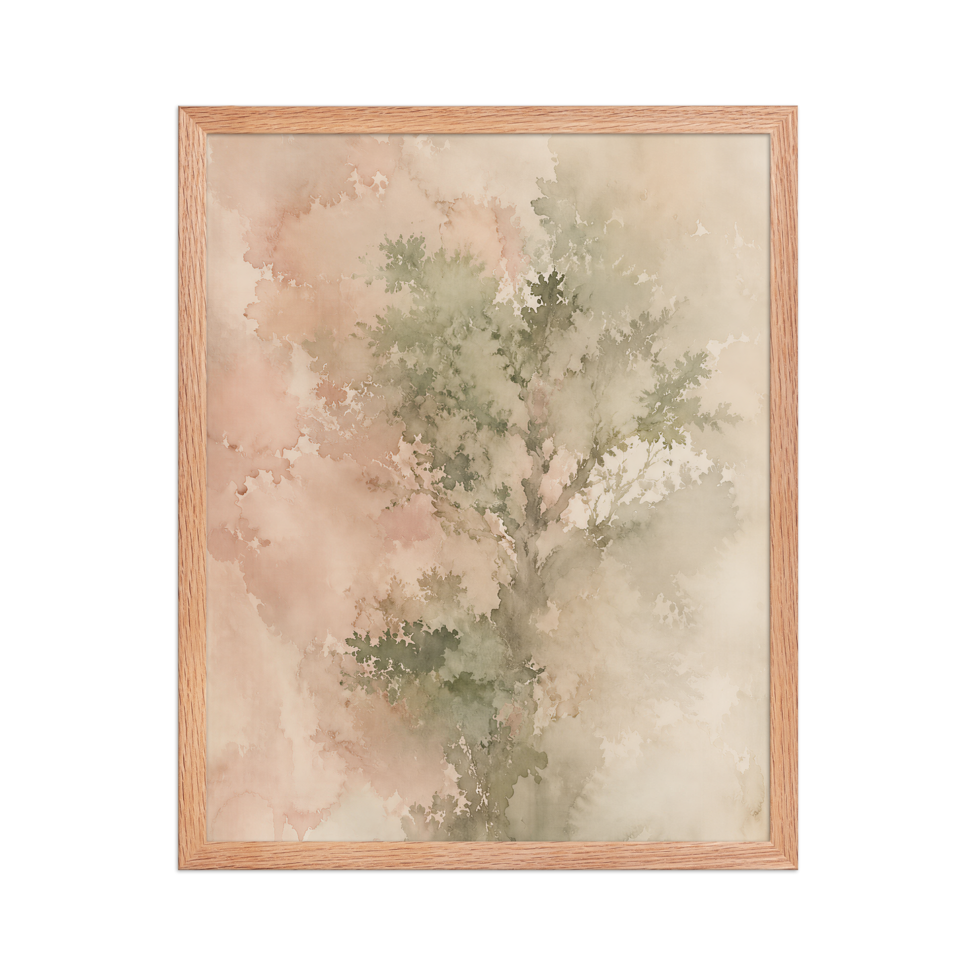 Framed minimalist nature-inspired poster featuring a softly emerging tree form in blush, sage, and warm neutral tones.