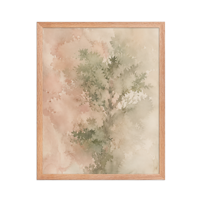 Framed minimalist nature-inspired poster featuring a softly emerging tree form in blush, sage, and warm neutral tones.