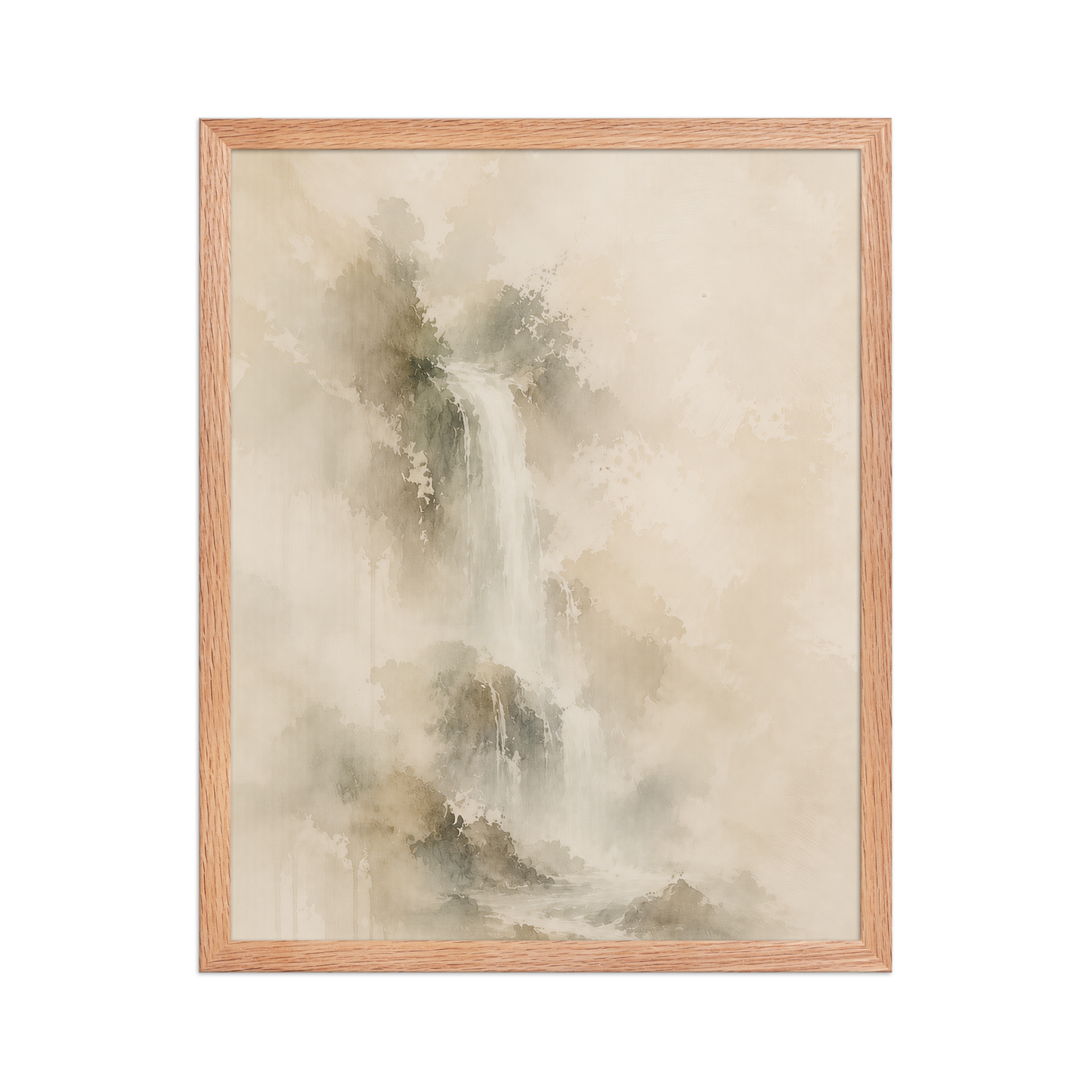 Framed waterfall-inspired poster featuring soft flowing forms in warm neutral and muted earth tones.