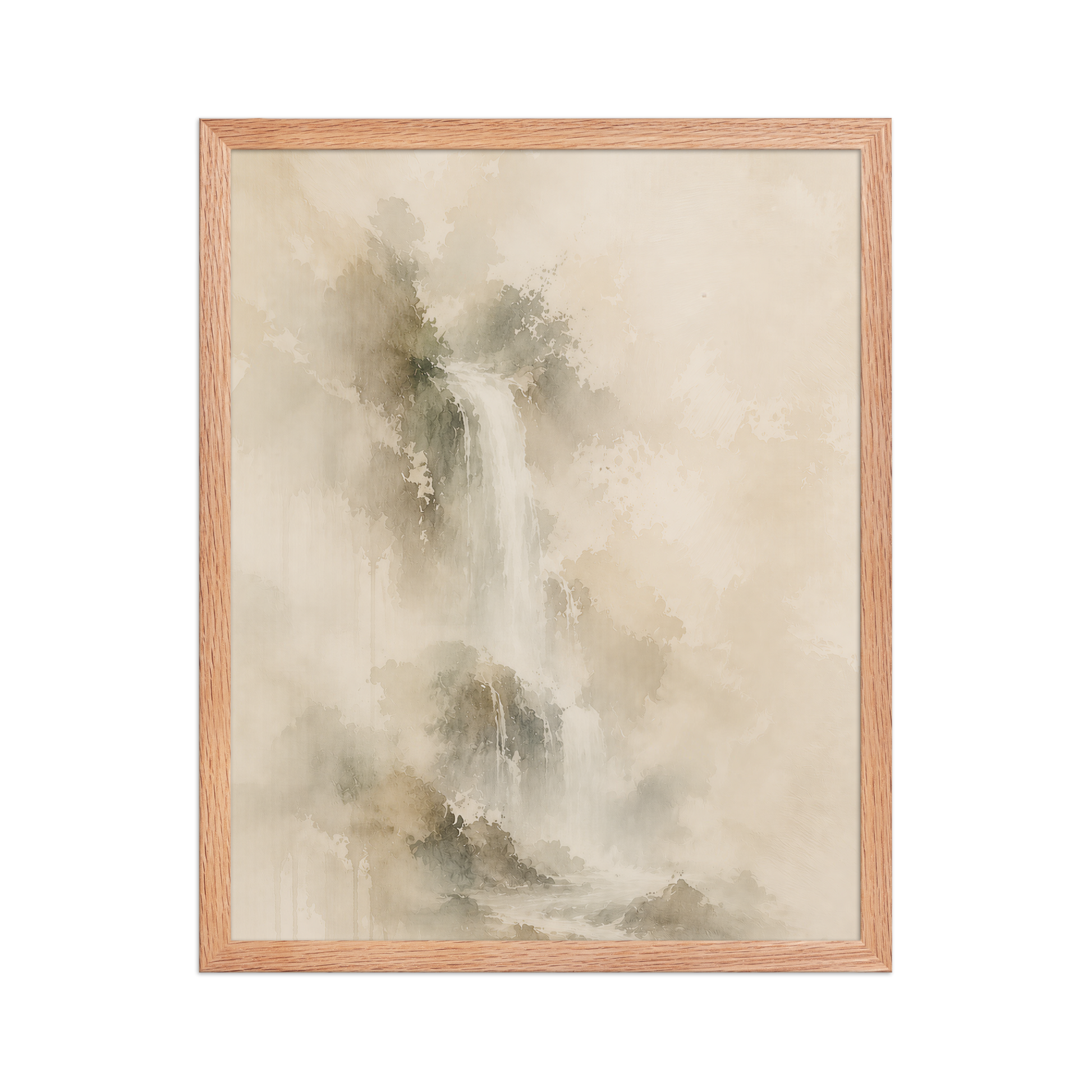 Framed waterfall-inspired poster featuring soft flowing forms in warm neutral and muted earth tones.