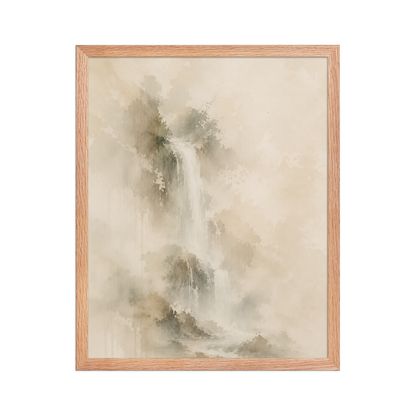 Framed waterfall-inspired poster featuring soft flowing forms in warm neutral and muted earth tones.