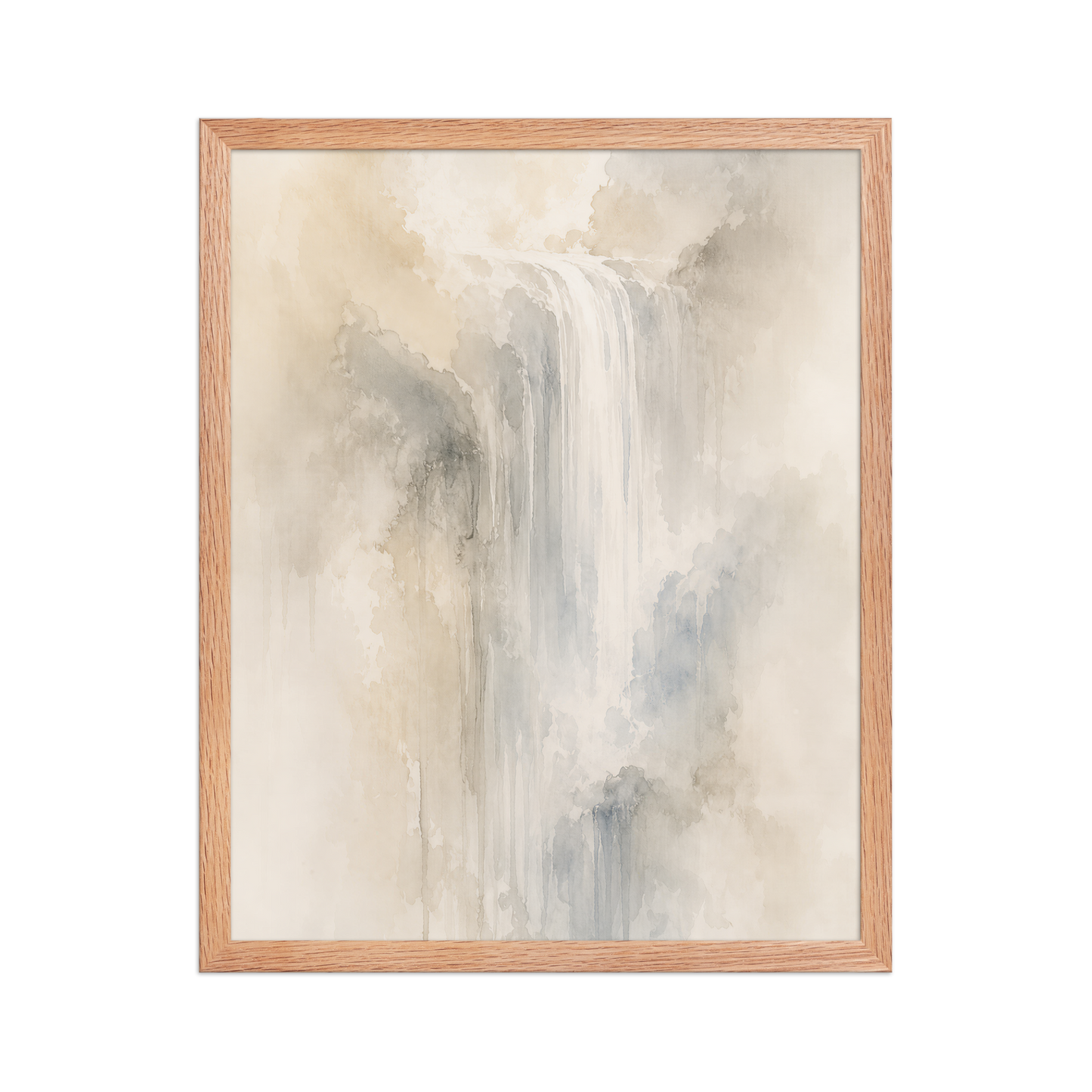 Framed waterfall-inspired poster with soft flowing forms in warm neutrals, misty blues, and subtle organic textures.