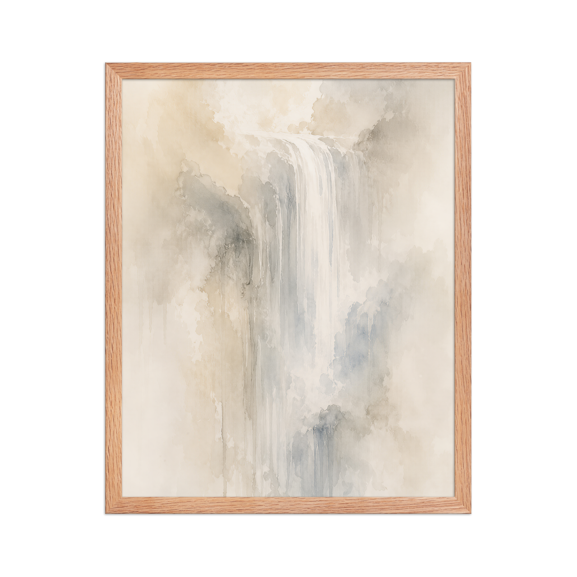 Framed waterfall-inspired poster with soft flowing forms in warm neutrals, misty blues, and subtle organic textures.