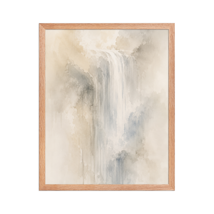 Framed waterfall-inspired poster with soft flowing forms in warm neutrals, misty blues, and subtle organic textures.