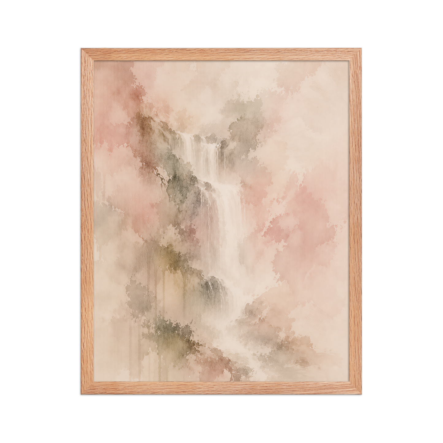 Framed waterfall-inspired poster featuring soft flowing forms in blush, warm neutral, and muted earth tones.