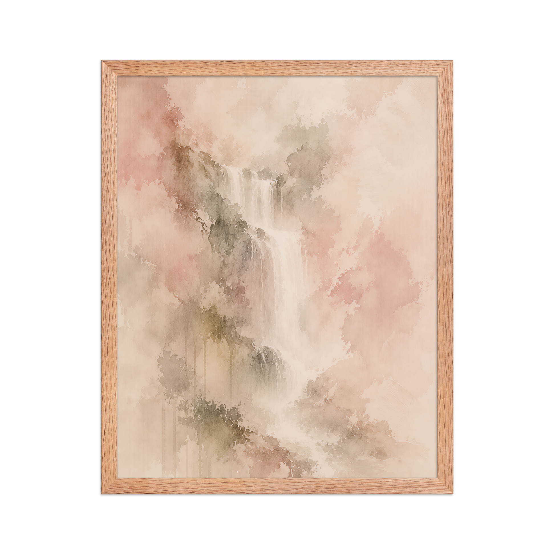 Framed waterfall-inspired poster featuring soft flowing forms in blush, warm neutral, and muted earth tones.