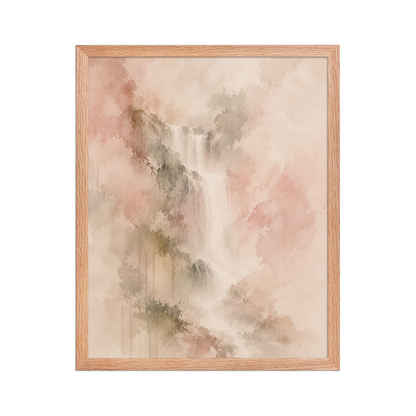 Framed waterfall-inspired poster featuring soft flowing forms in blush, warm neutral, and muted earth tones.