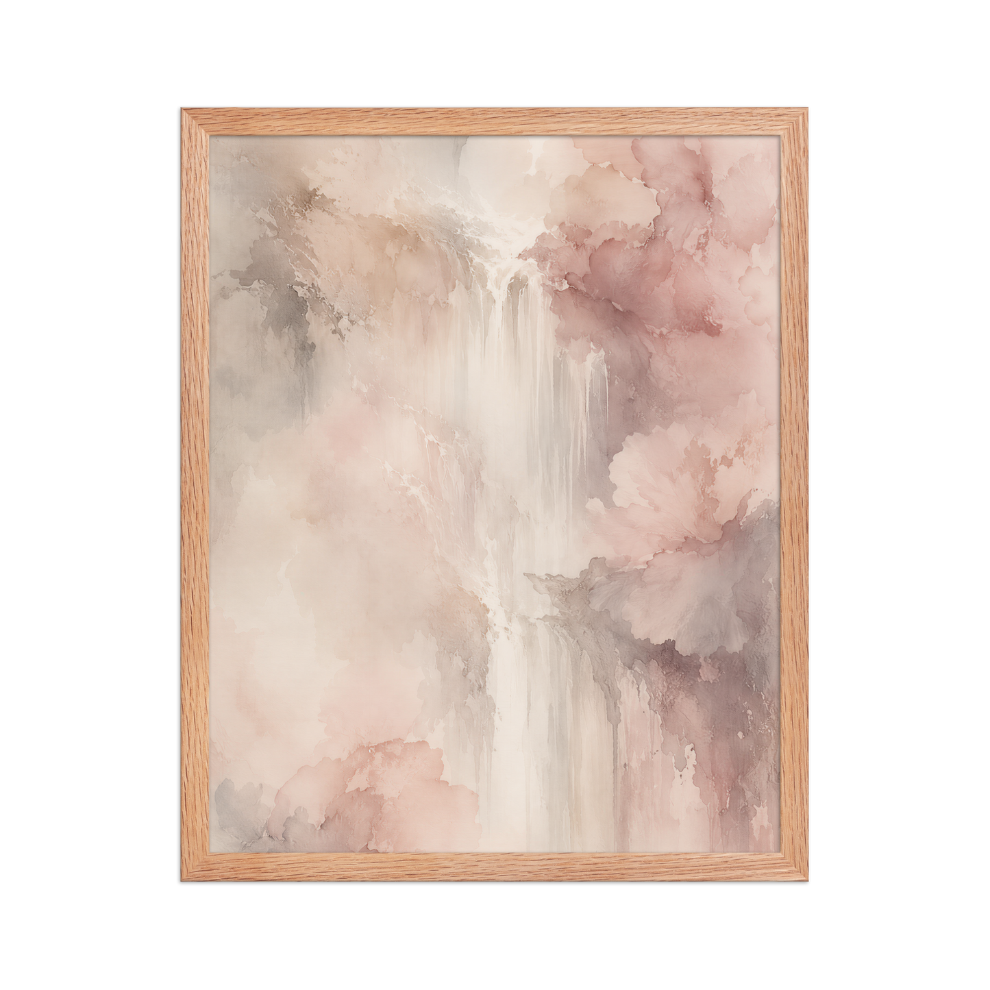 Framed waterfall-inspired poster featuring soft flowing forms in blush pink, warm neutrals, and muted earth tones.
