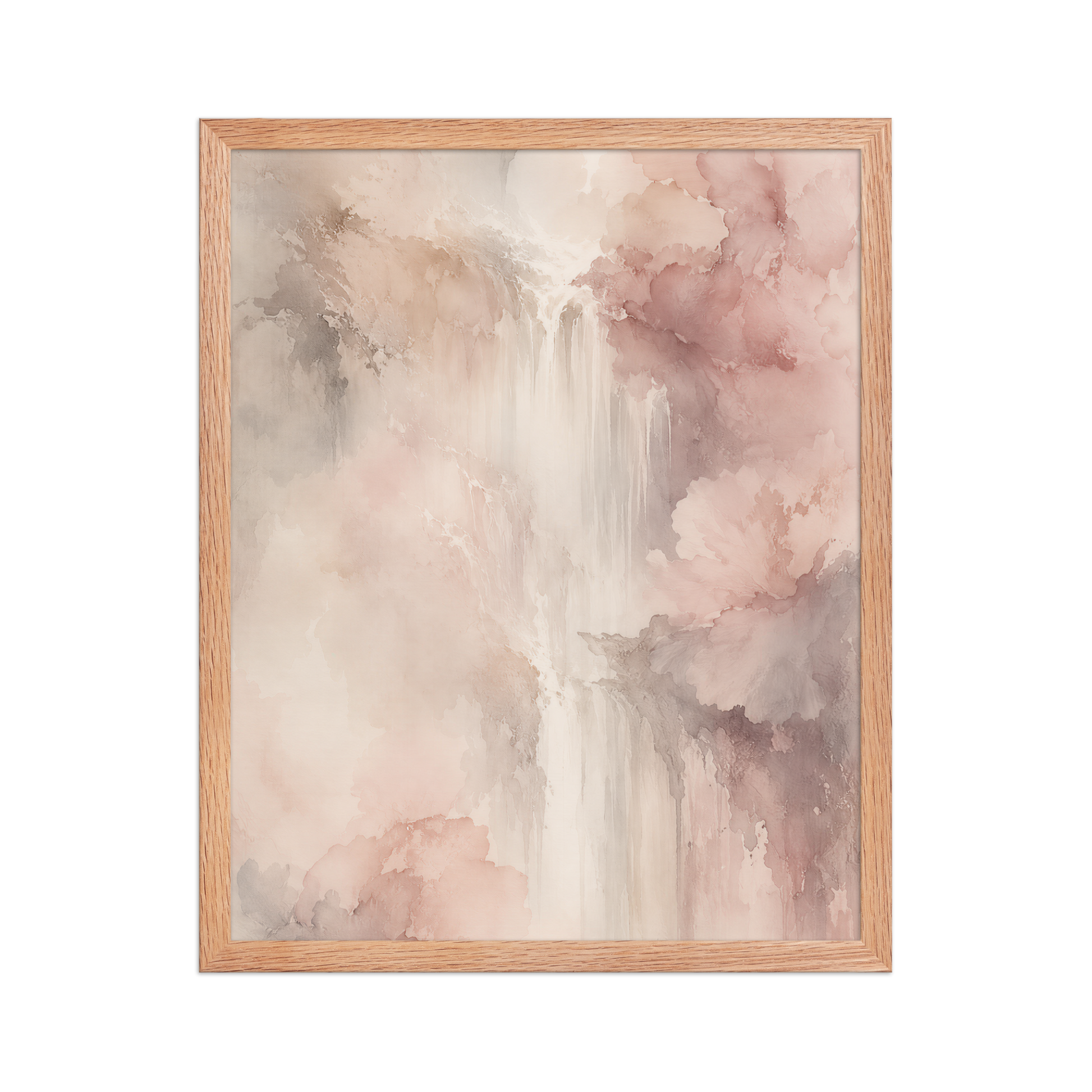 Framed waterfall-inspired poster featuring soft flowing forms in blush pink, warm neutrals, and muted earth tones.