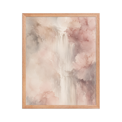 Framed waterfall-inspired poster featuring soft flowing forms in blush pink, warm neutrals, and muted earth tones.