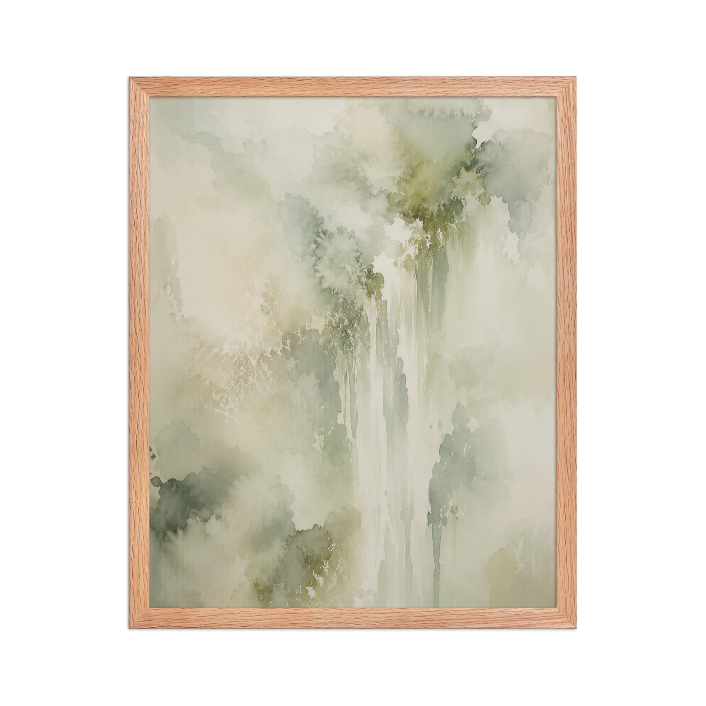 Framed waterfall-inspired poster featuring soft flowing forms in sage green, warm neutrals, and muted natural tones.