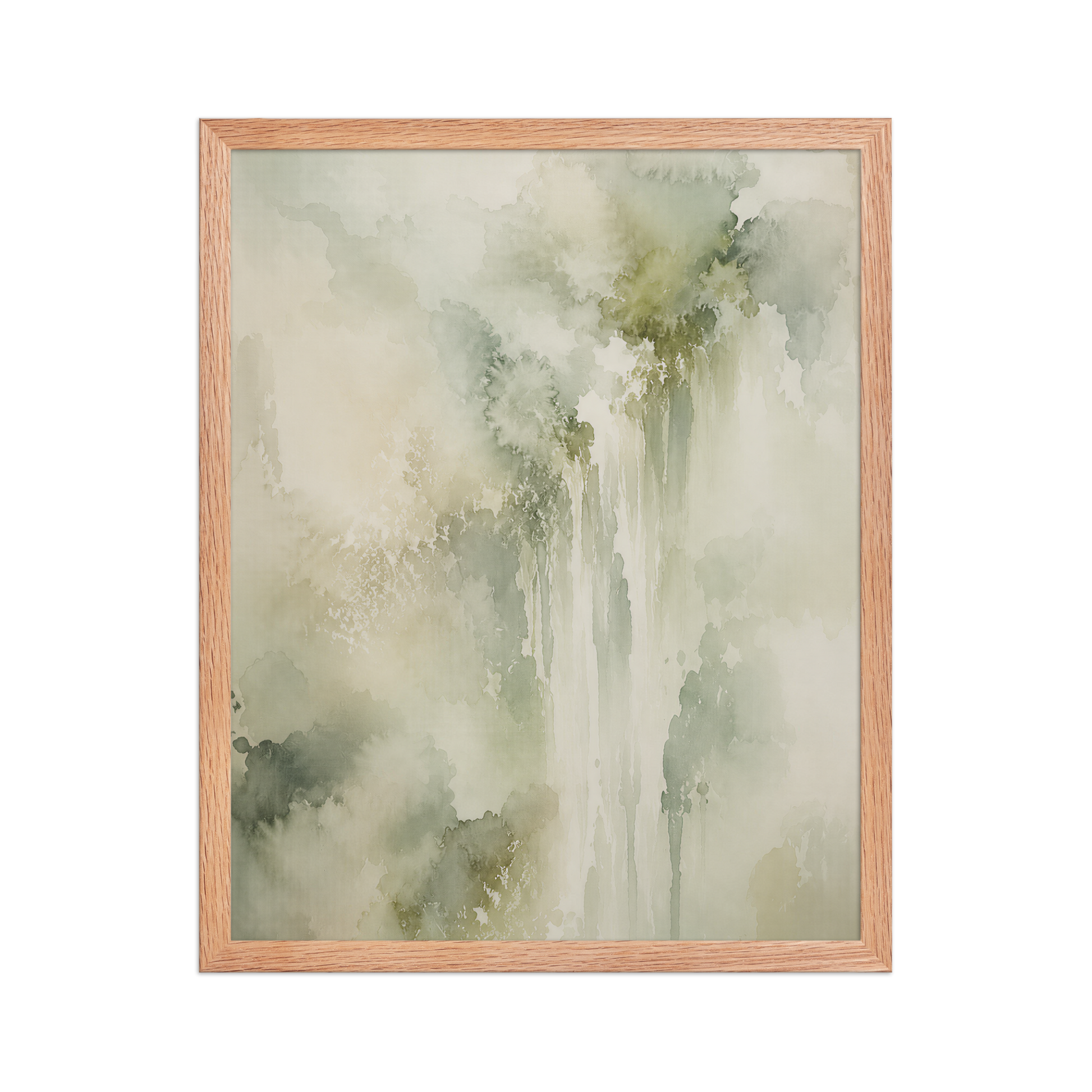 Framed waterfall-inspired poster featuring soft flowing forms in sage green, warm neutrals, and muted natural tones.