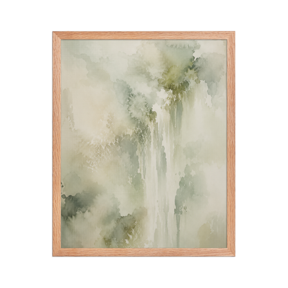 Framed waterfall-inspired poster featuring soft flowing forms in sage green, warm neutrals, and muted natural tones.