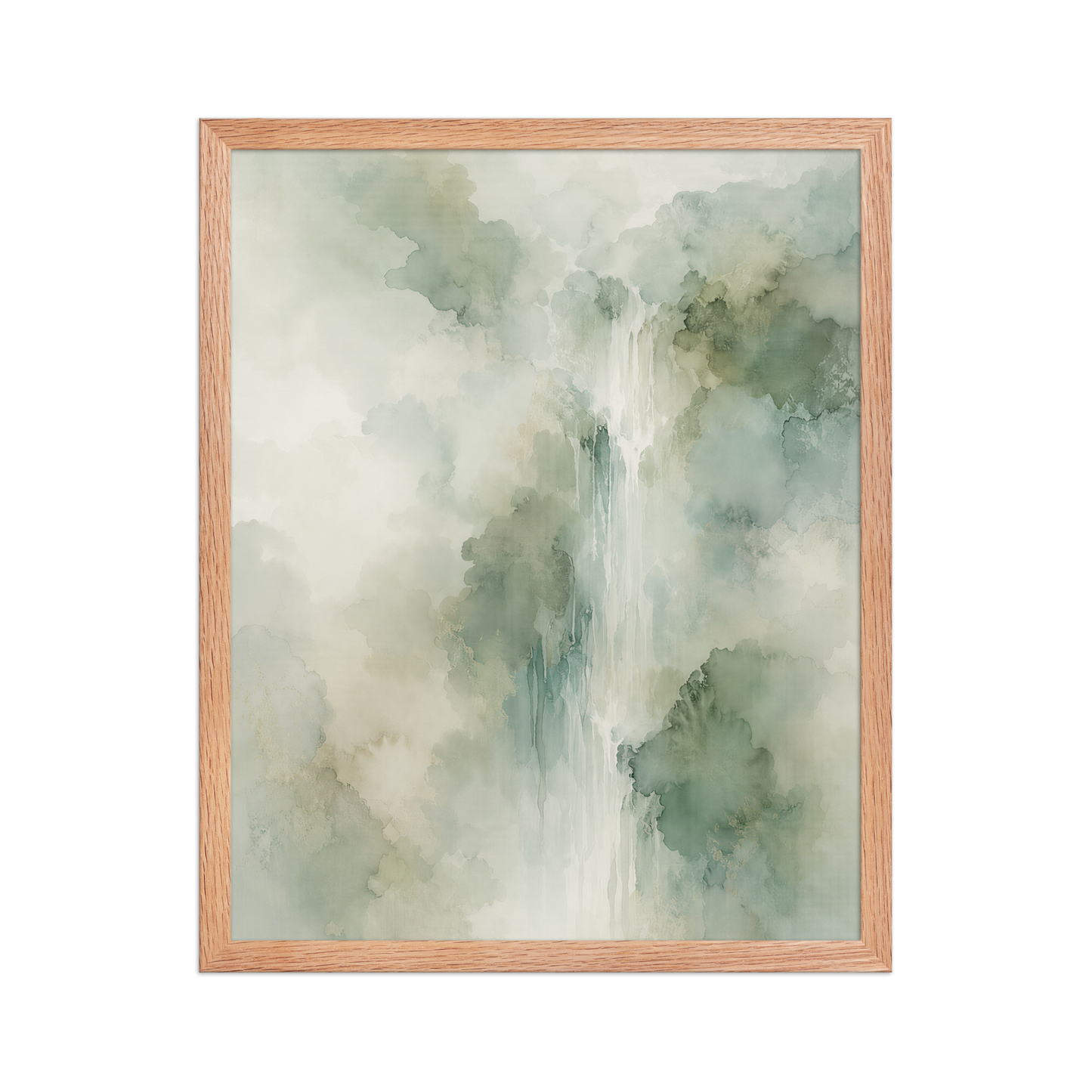 Framed waterfall-inspired poster with soft sage green tones, flowing water, and organic watercolor textures.
