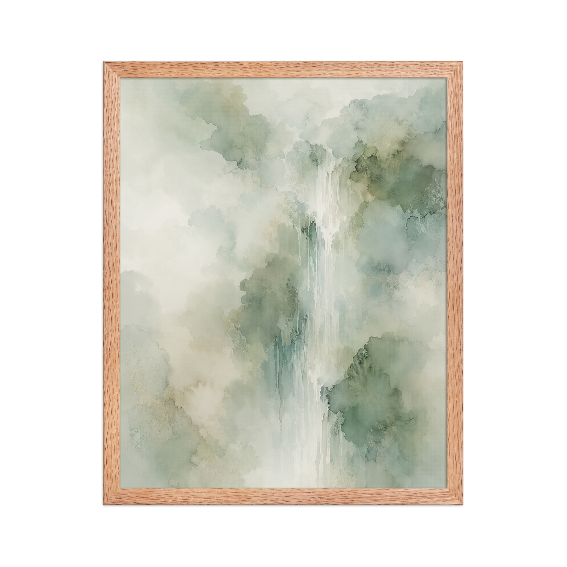 Framed waterfall-inspired poster with soft sage green tones, flowing water, and organic watercolor textures.