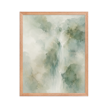 Framed waterfall-inspired poster with soft sage green tones, flowing water, and organic watercolor textures.