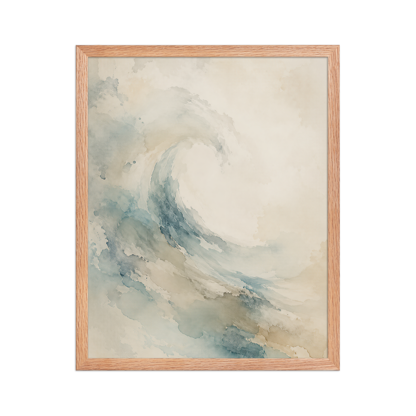Framed ocean wave-inspired poster with flowing watercolor textures in soft blue, sand, and warm neutral tones.