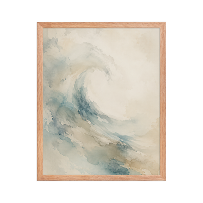 Framed ocean wave-inspired poster with flowing watercolor textures in soft blue, sand, and warm neutral tones.