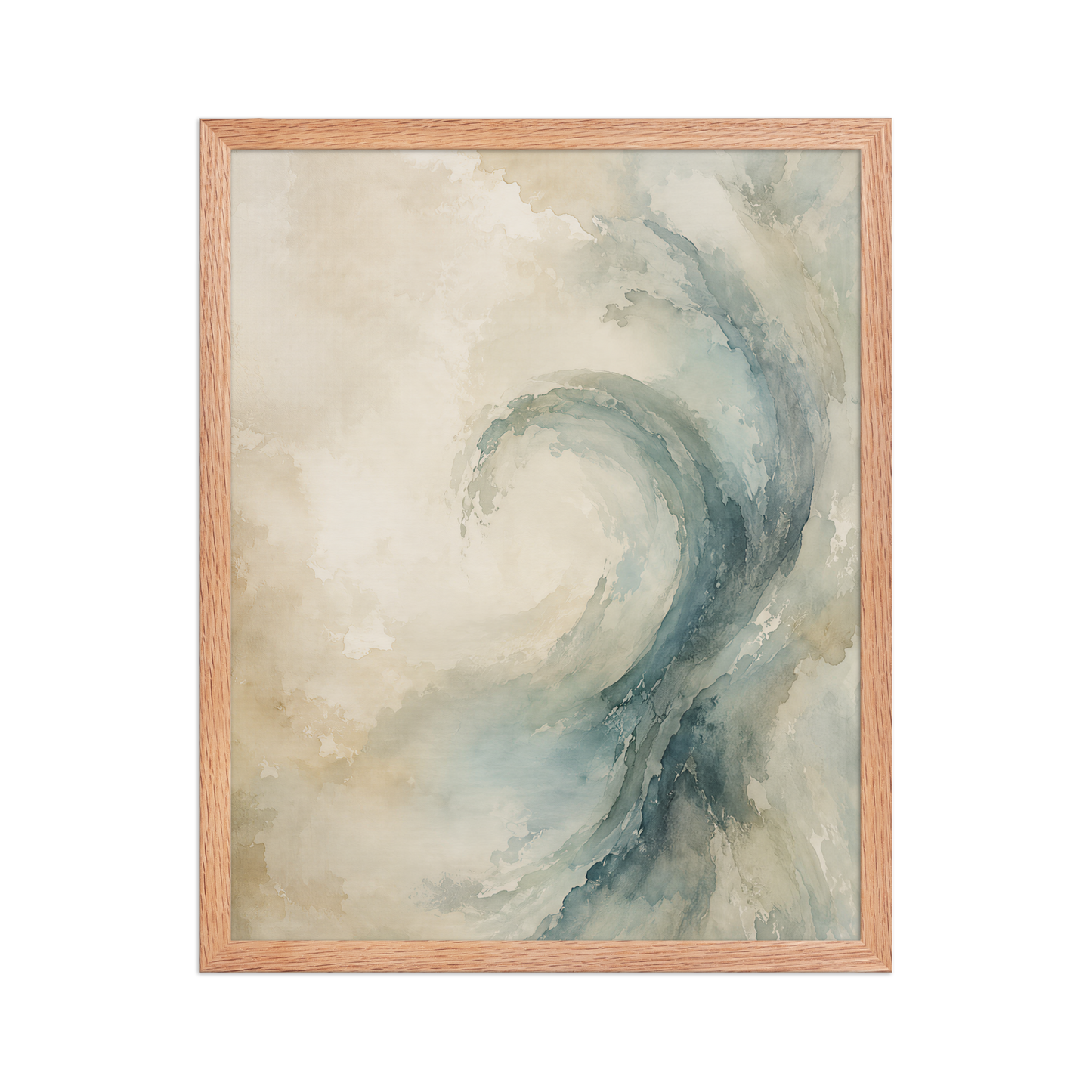 Framed ocean wave-inspired poster with flowing watercolor textures in soft blue, ivory, and warm neutral tones.