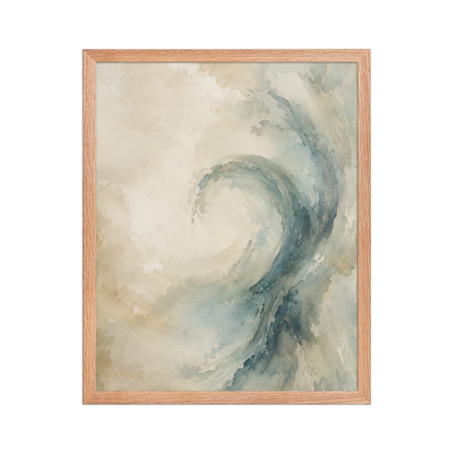 Framed ocean wave-inspired poster with flowing watercolor textures in soft blue, ivory, and warm neutral tones.
