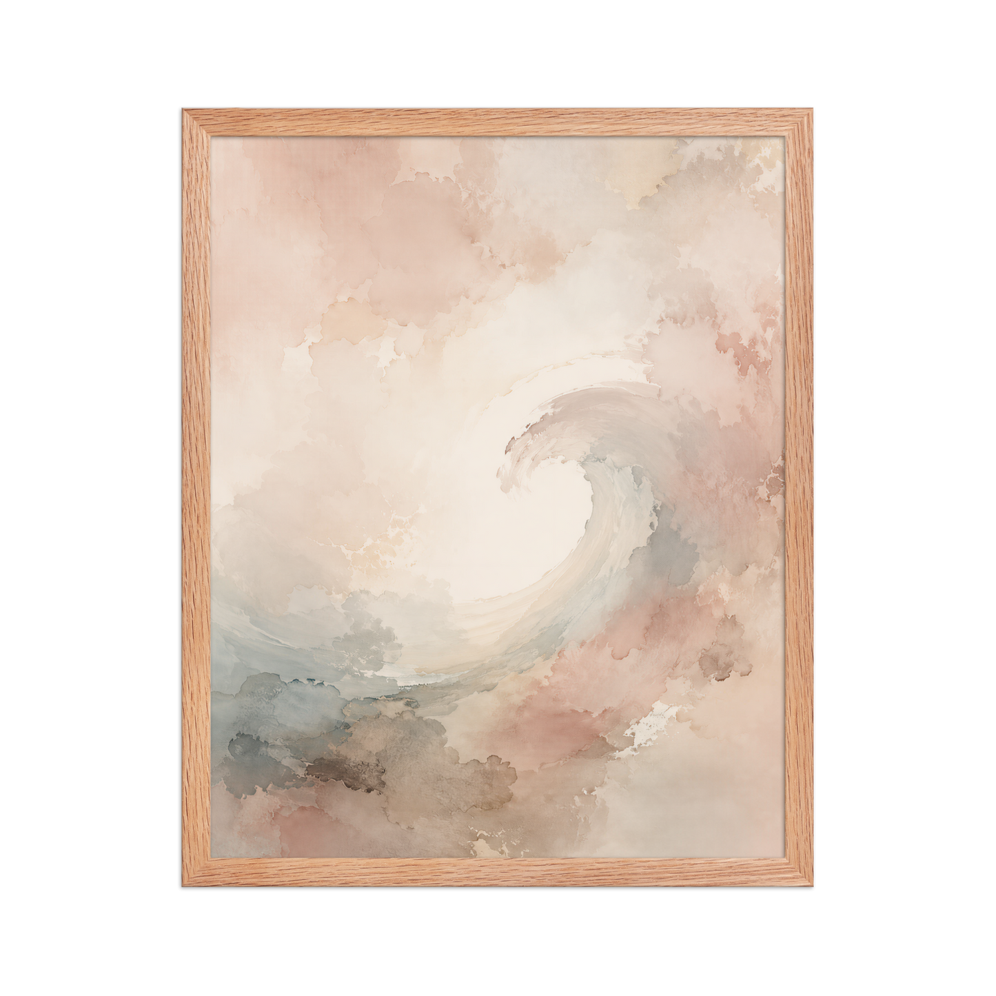 Framed ocean wave-inspired poster with flowing watercolor textures in blush, soft blue, and warm neutral tones.