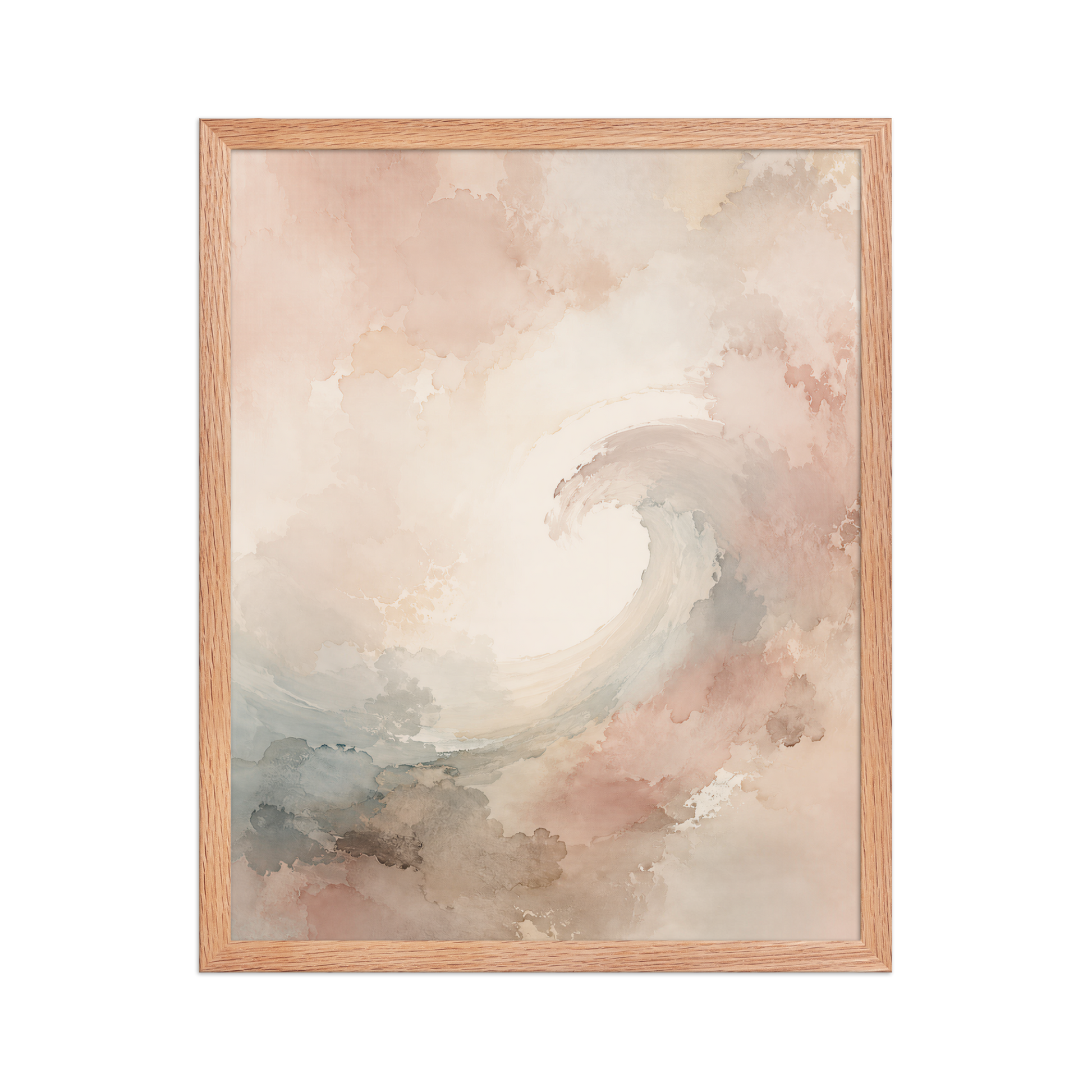 Framed ocean wave-inspired poster with flowing watercolor textures in blush, soft blue, and warm neutral tones.