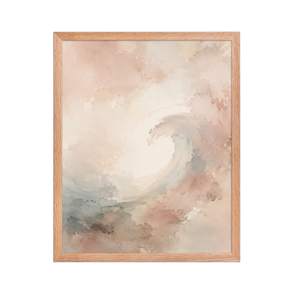 Framed ocean wave-inspired poster with flowing watercolor textures in blush, soft blue, and warm neutral tones.