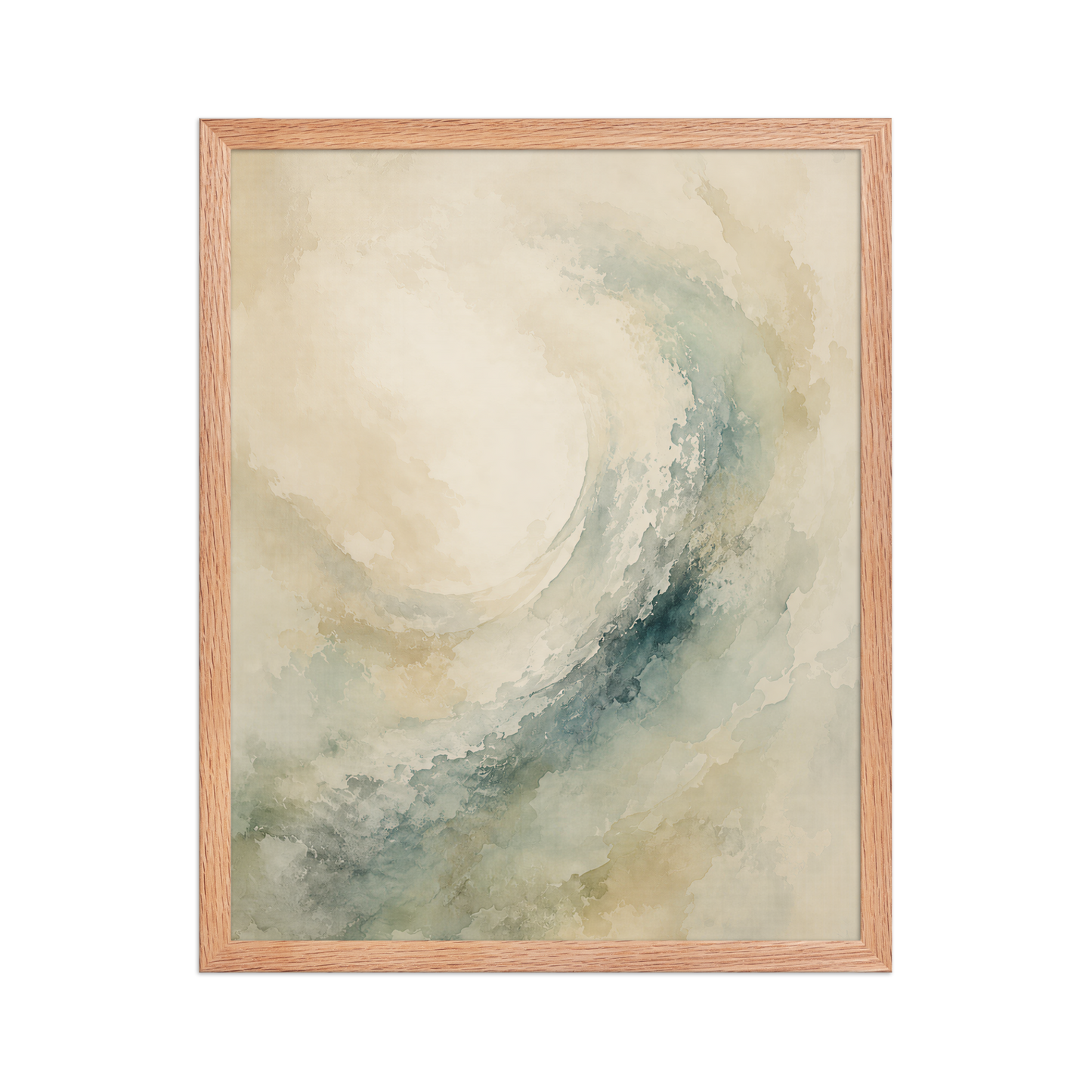 Framed ocean wave-inspired poster with flowing watercolor textures in soft blue, sage, and warm neutral tones.