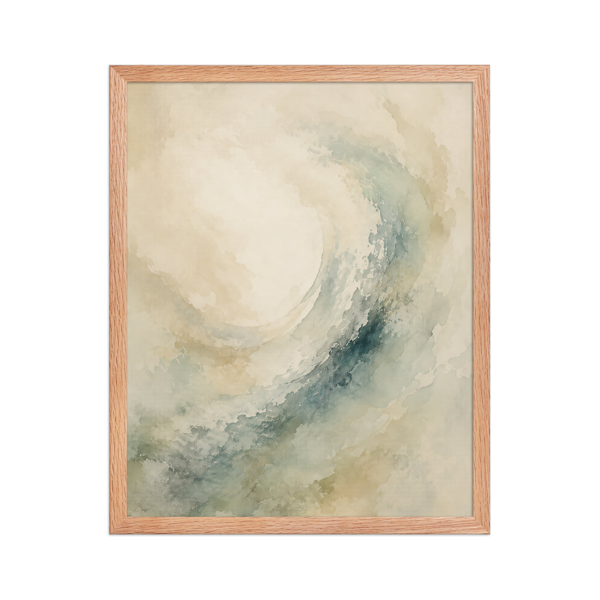 Framed ocean wave-inspired poster with flowing watercolor textures in soft blue, sage, and warm neutral tones.