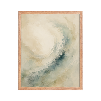 Framed ocean wave-inspired poster with flowing watercolor textures in soft blue, sage, and warm neutral tones.