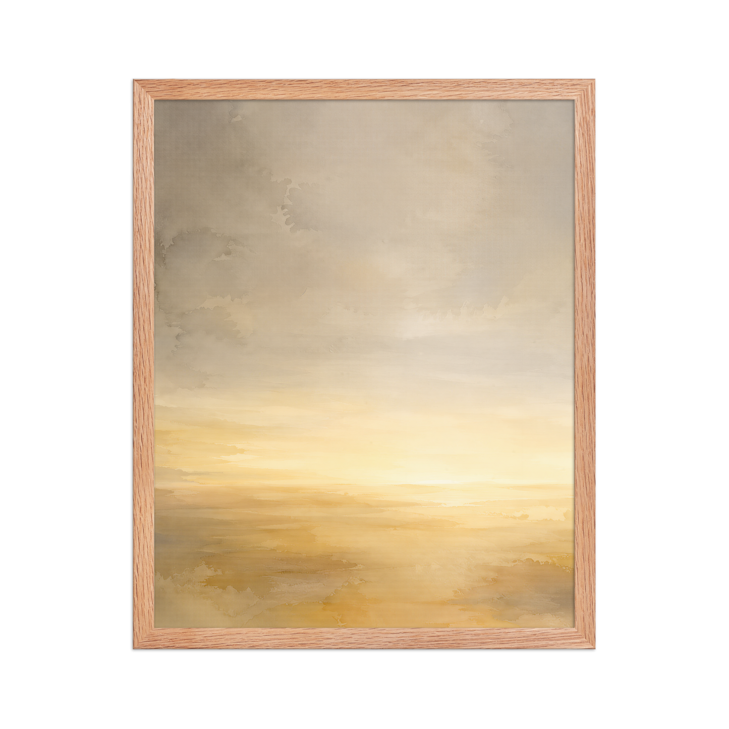 Framed sunrise poster featuring a glowing ocean horizon with soft watercolor textures in warm gold, ivory, and neutral tones.