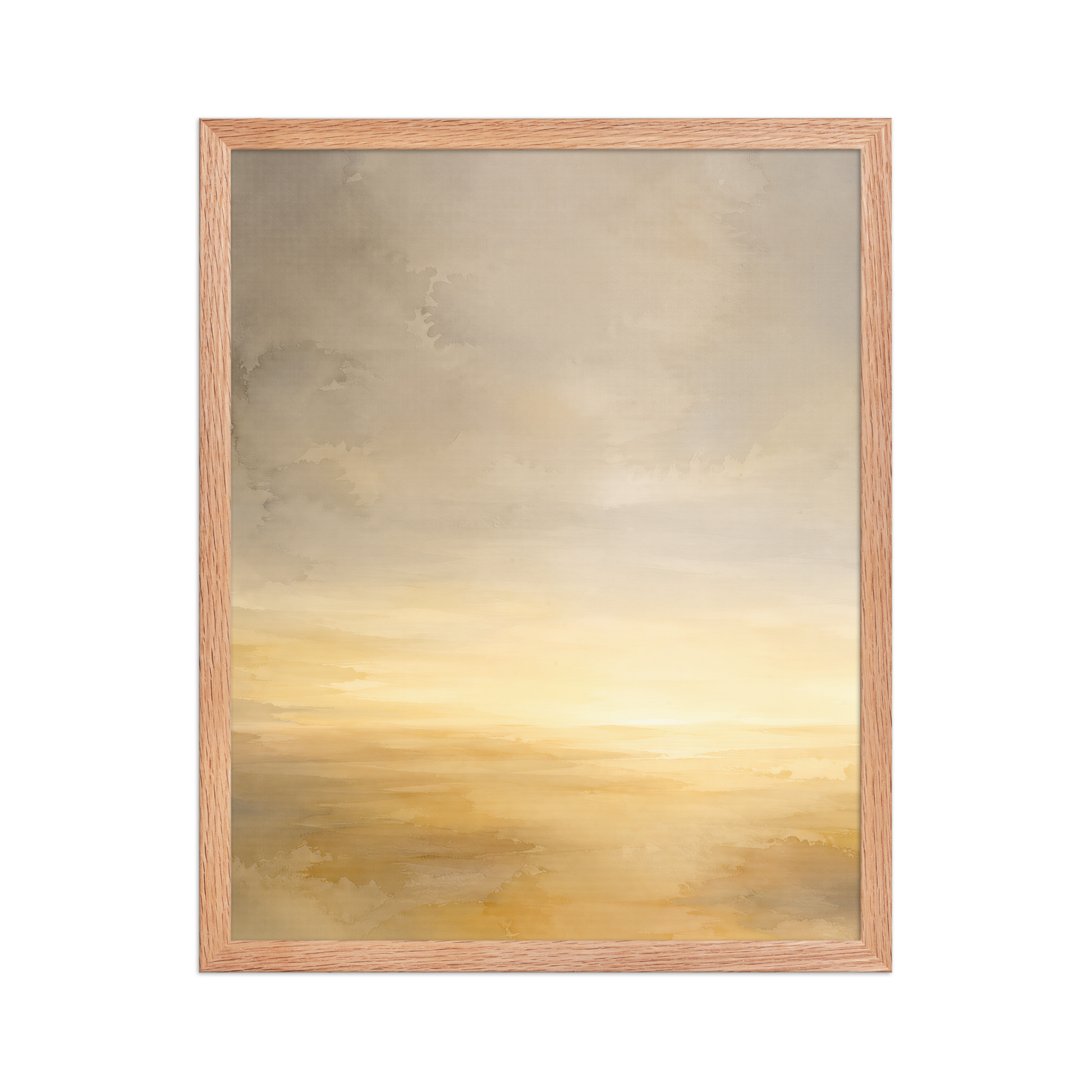 Framed sunrise poster featuring a glowing ocean horizon with soft watercolor textures in warm gold, ivory, and neutral tones.